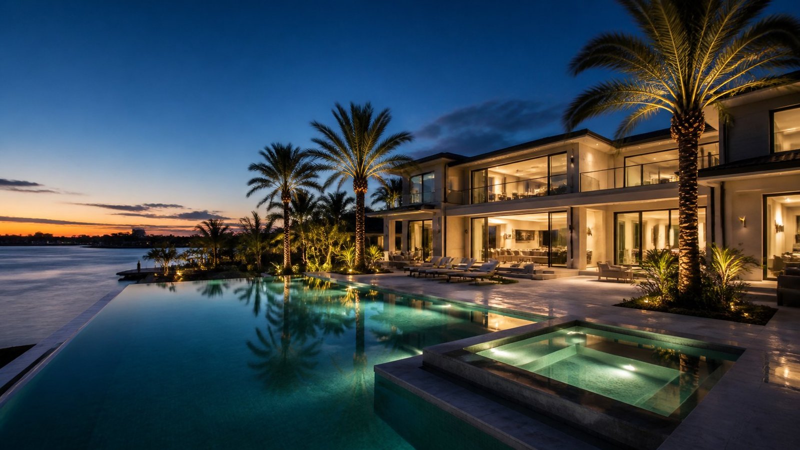 Remodeled luxury estate pool at twilight