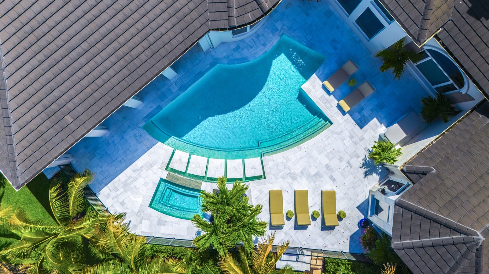 Aerial view of a private resort style pool layout